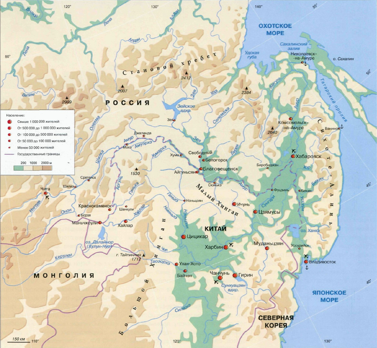 Река Амур на физической карте